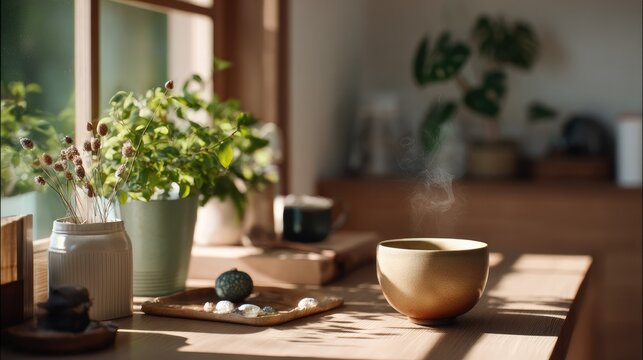 Serene Tea Time: A tranquil scene unfolds as sunlight streams through a window, illuminating a cup of tea, accompanied by charming decor, creating a moment of peace and contemplation.
