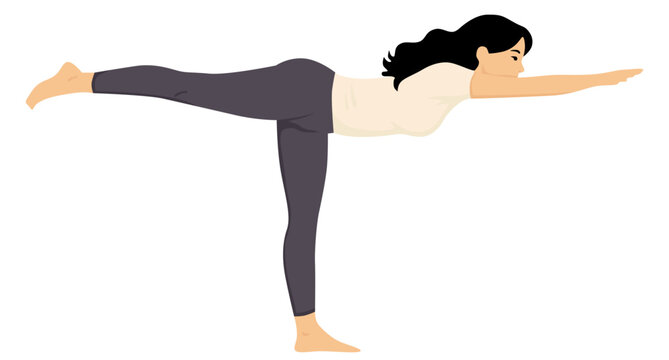 Vector illustration of a woman performing warrior III virabhadrasana III yoga pose with body parallel to the ground