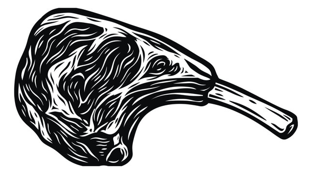 Woodcut illustration of a tomahawk ribeye steak depicting bold textured meat cut on the bone for food and restaurant design