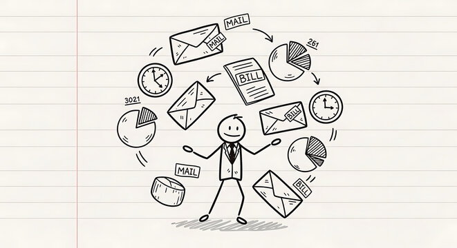 Businessman juggling tasks, office work, emails, deadlines, stress. Overwhelmed employee concept