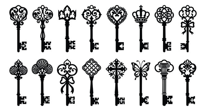 Ornate silhouette icon set of 14 antique skeleton keys featuring decorative filigree crowns butterfly and floral motifs for vintage design