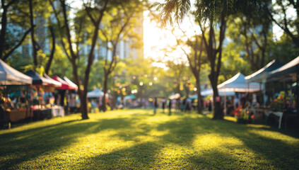 Obraz premium Summer outdoor fair bringing community together in a sunny park with market tents and blurred people