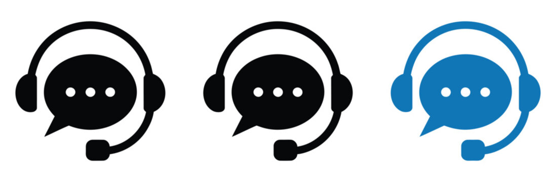 Customer support and service icon set, communication and assistance symbols including headset operator chat message phone email help desk elements, modern vector design