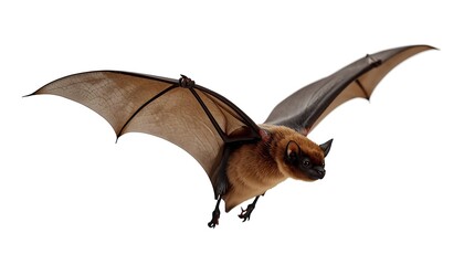 Fototapeta premium A small brown bat with delicate leathery wings is captured in mid-flight against a clean white background.