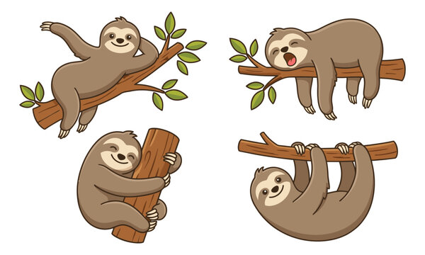 Cartoon icon set of 4 sloths featuring climbing, hanging and resting poses on tree branches for children and nature design