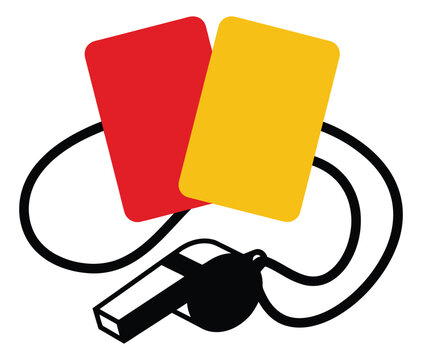 Flat illustration of soccer referee cards depicting red and yellow penalty cards with whistle for sports design