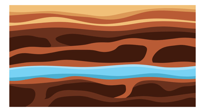 Flat illustration of underground soil layers depicting geological cross section with aquifer water for science and education design