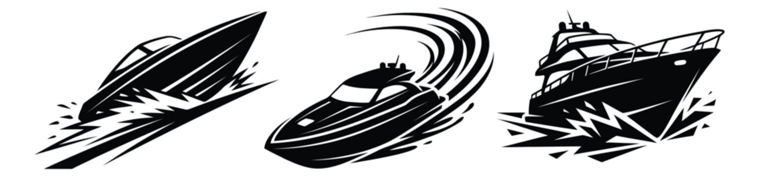Silhouette icon set of 3 speedboats depicting fast moving watercraft in dynamic action poses for marine and nautical design