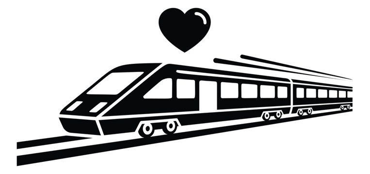 Flat silhouette illustration of a modern train depicting high speed rail travel with heart symbol for transportation design