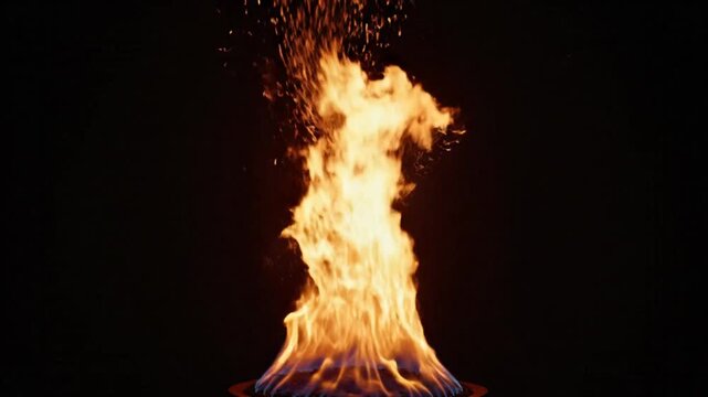 Mesmerizing flame dancing upwards, erupting with sparks, glowing brightly in complete darkness, representing energy