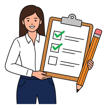 Cartoon illustration of a businesswoman holding a clipboard checklist depicting task completion and survey review for business and productivity design