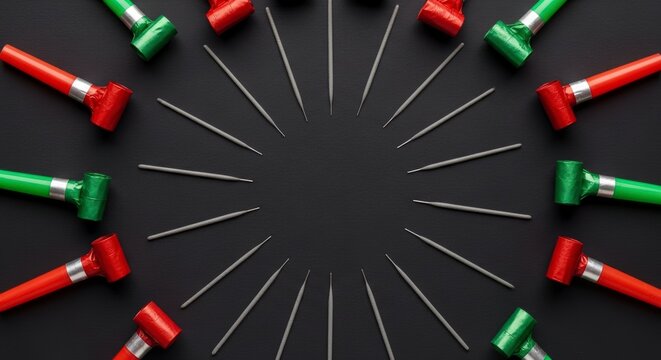 Colorful syringes in circular pattern.