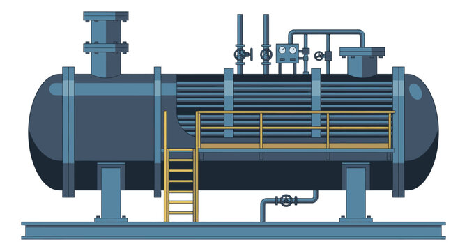 Flat illustration of an industrial shell and tube heat exchanger depicting a pressure vessel with piping valves and access ladder for engineering design