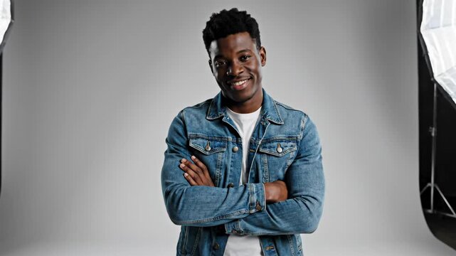 confident african american man with crossed arms posing in modern photo studio. smiling male model standing between professional lighting equipment. photography business, casting.