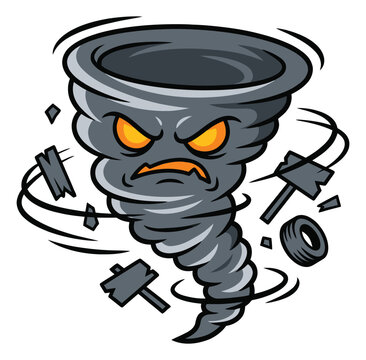Cartoon illustration of an angry tornado character depicting a swirling storm with flying debris for weather and mascot design