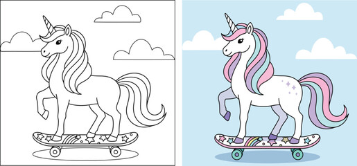 Unicorn riding skateboard under clouds in cute cartoon vector outline style © Vexello