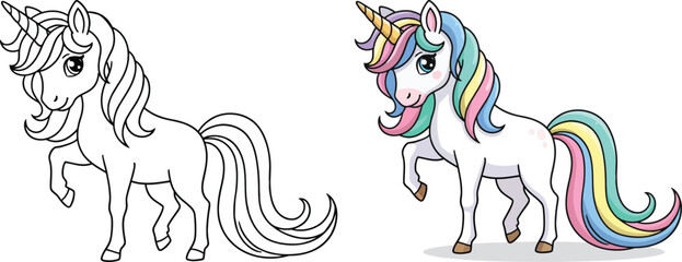 Unicorn standing with raised leg in cute cartoon style with flowing magical mane © MDBorhan