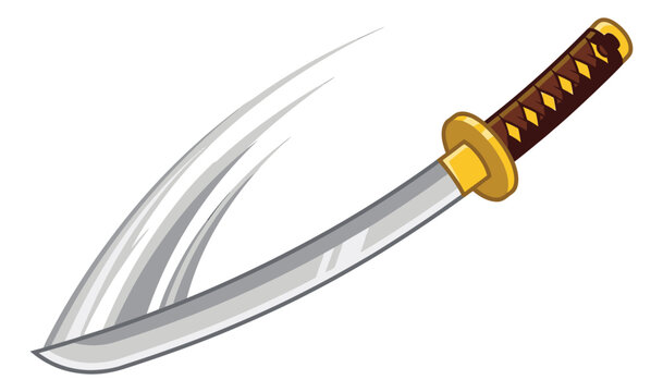 Cartoon illustration of a katana sword depicting a curved blade with motion lines for martial arts and game design