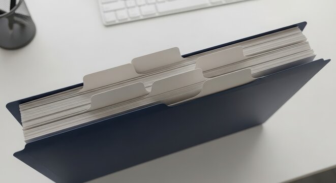 Blue file organizer with labeled tabs on a white office desk with keyboard