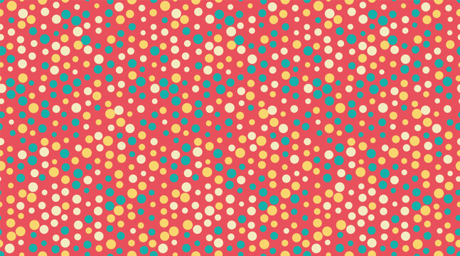 Vibrant red background adorned with a playful scattering of pastel yellow, peach, and teal circles.