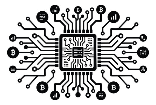 Outline illustration of cryptocurrency processor chip depicting circuit board network with bitcoin and finance icons for fintech design