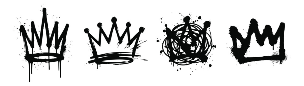 Graffiti icon set of 4 crown designs featuring spray paint drips, brush strokes and scribble styles for urban street art design