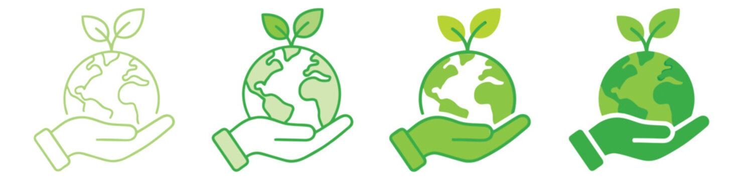 Outline and flat icon set of 4 green earth in hand featuring eco globe and plant sprout symbols for sustainability design