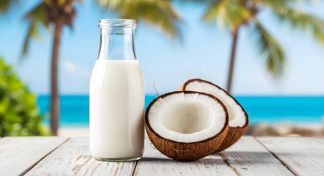 A refreshing bottle of organic coconut milk stands beside fresh halved coconuts on a rustic wooden table, with a tropical beach and swaying palm trees creating a vibrant and healthy backdrop for this 