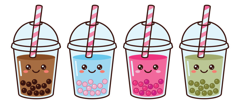 Cartoon icon set of 4 kawaii bubble tea cups featuring cute faces and colorful boba drinks for cafe and menu design
