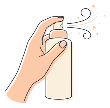 Line art illustration of a hand holding a spray bottle depicting mist spraying for beauty and cosmetics design