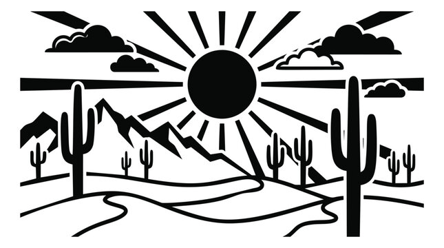 Bold flat illustration of desert landscape depicting saguaro cactus mountains and sun rays for southwest and nature design