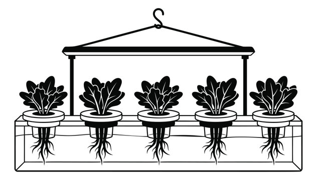 Silhouette illustration of hydroponic indoor garden depicting plants growing in water system with grow light for agriculture design