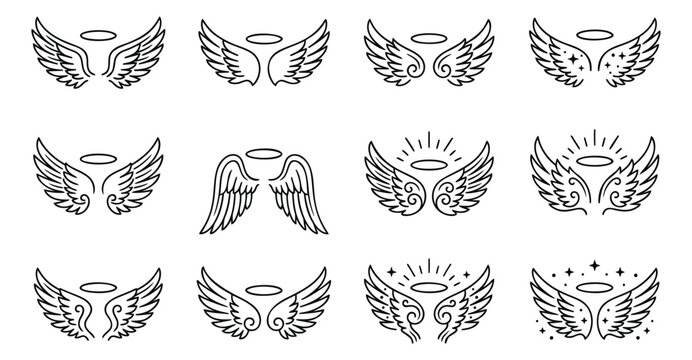 Outline icon set of 12 angel wings featuring halo rings and decorative feather designs for spiritual and religious use