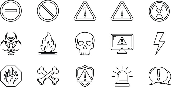 Warning icons illustration, hazard symbols, danger signs, prohibition mark, biohazard artwork, radiation design, safety concept, alert vector, caution graphic