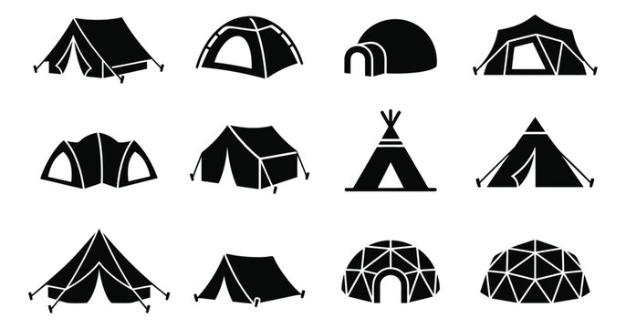 Silhouette icon set of 12 camping shelters featuring tents, teepee, igloo and geodesic dome styles for outdoor design