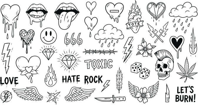 Hand drawn doodle collection hearts skulls and alternative symbols
