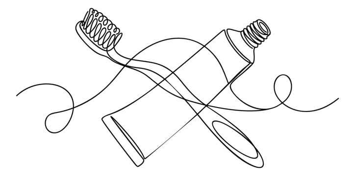Continuous line art illustration of toothbrush and toothpaste tube depicting oral hygiene routine for dental health design