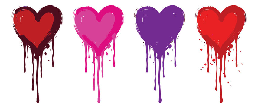 Graffiti icon set of 4 dripping hearts featuring paint splatter and melting effects for Valentine's Day design