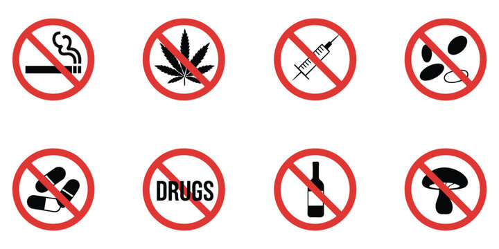Say no to drugs, set of drugs prohibiting no smoke cigarette, drink alcohol, take drug and pill black silhouette icon, addiction forbidden pictogram