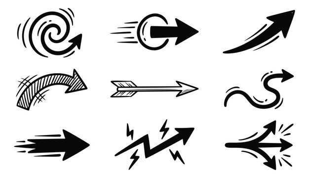 Hand drawn icon set of 9 dynamic arrows featuring spiral, speed, zigzag and directional styles for motion and navigation design