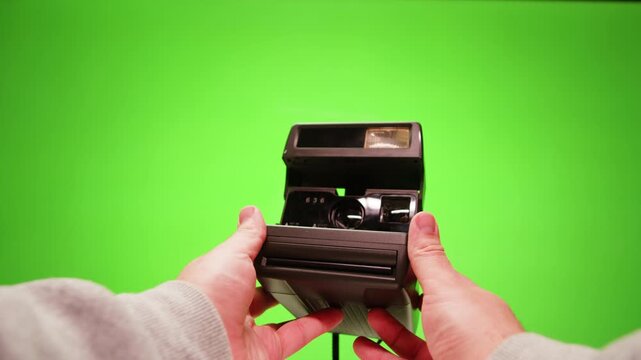 Vintage black instant photo camera, man touching and using retro old photo device, photographer Summer travel concept. Equipment for capturing moments