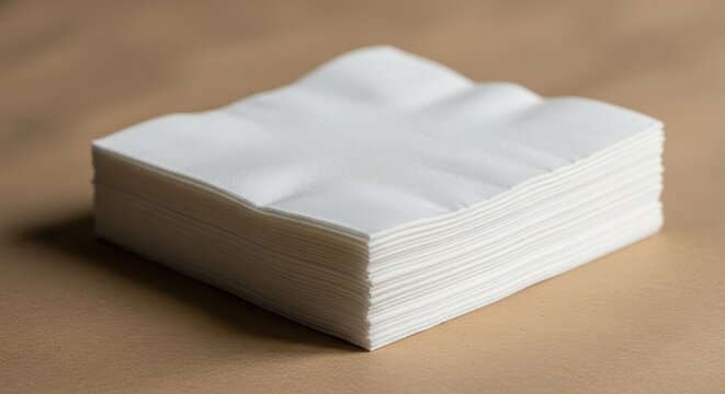 Stack of white paper napkins on brown surface for cleaning or wiping