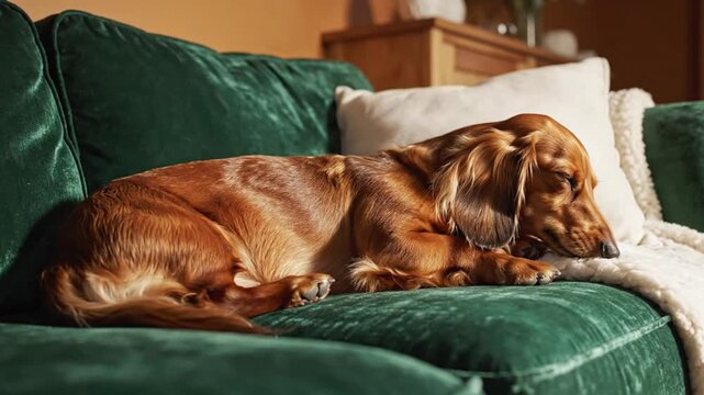 Cozy long-haired dachshund dog rests comfortably on emerald green velvet couch with soft blanket and pillow