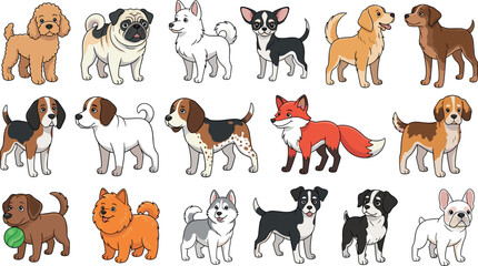 Fototapeta premium Cartoon Dog and Fox Set with Various Breeds, Poses, and Accessories