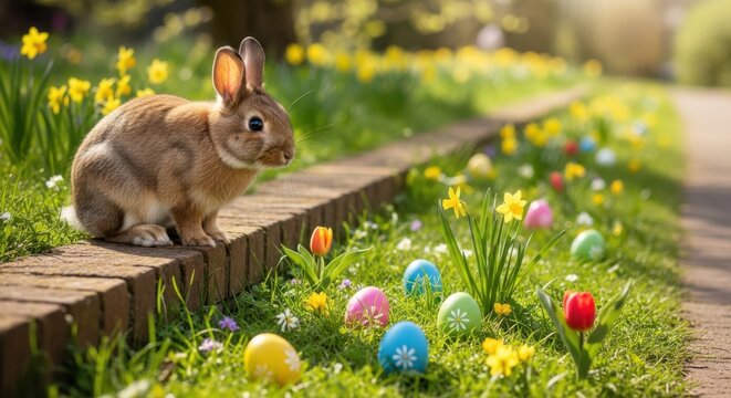 Brown rabbit sitting on brick path surrounded by colorful Easter eggs and flowers in grassy garden on sunny day