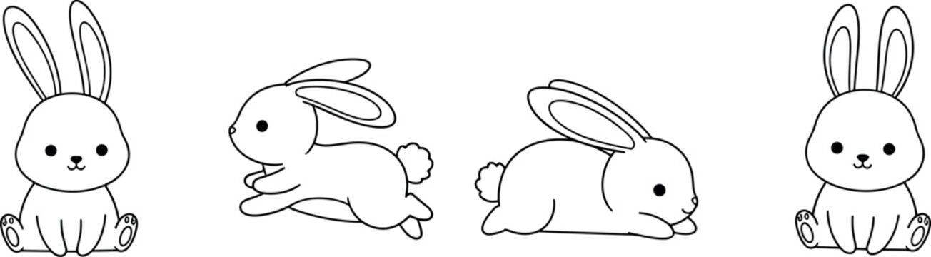 Cute bunny outline illustration set with jumping and sitting rabbits, simple line art adorable animal characters coloring page vector design