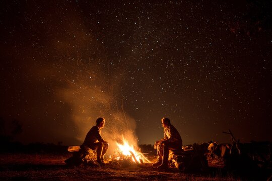 Two people sit by a campfire under a star filled night sky.