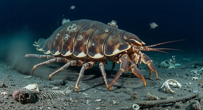 A large, ancient-looking giant isopod with a segmented shell and many legs crawls across the dark ocean seabed.