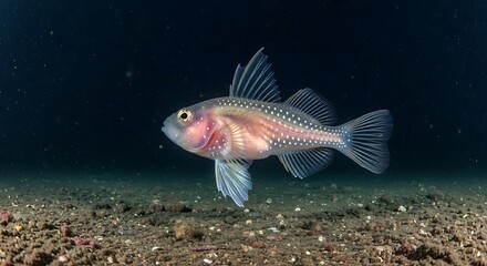 Fototapeta premium A small, iridescent fish with delicate, spiny fins and prominent eyes hovers gracefully above the dark seabed.