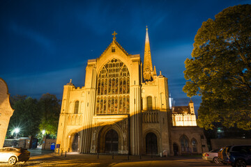 Norwich cathedral front view at night. England